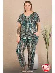 Desenli V Yaka Kısa Kollu Büyük Beden Pijama Takımı Lady 11030