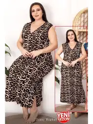 Leopar Desenli V Yaka Sıfır Kollu Büyük Beden Elbise Lady 7250