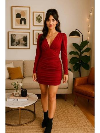 Uzun Kollu V Yaka Mini Elbise Beyaz Sarı Somon Venlisa 9402