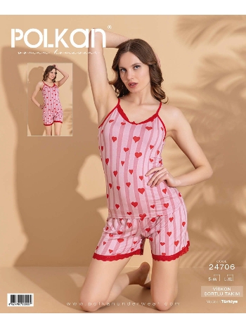 Viskon Askılı Kadın Şort Pijama Takımı Pembe Şeritli Kalpli Polkan 24706