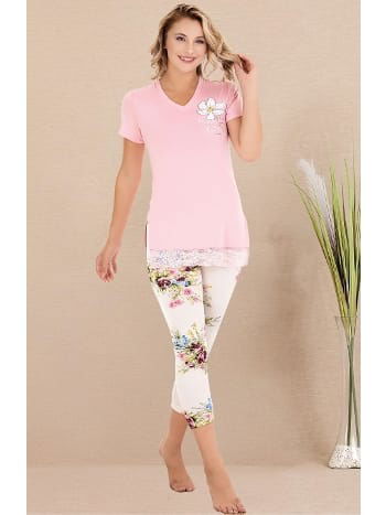 Viskon Leopar Desenli Kısa Kollu V Yaka Kapri Pijama Takımı Lady 12077 - 2