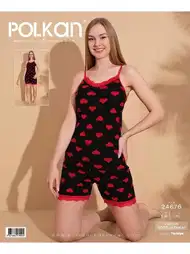 Viskon Dantelli Şort Pijama Takımı Polkan 24676