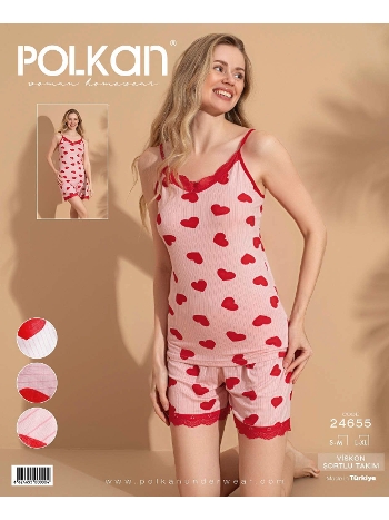 Kalpli Desenli Dantelli Viskon Şort Pijama Takımı Polkan 24655