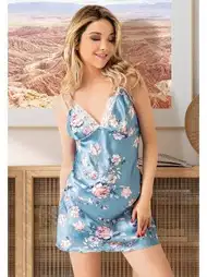 Dantelli Çiçekli İnce Askılı Saten Gecelik Sarı Miss Laris 2070