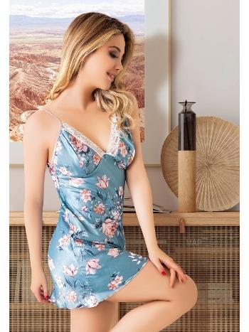 Dantelli Çiçekli İnce Askılı Saten Gecelik Sarı Miss Laris 2070 - 2