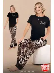 Düğmeli Leopar Desenli Kısa Kollu Pijama Takımı Lady 12598