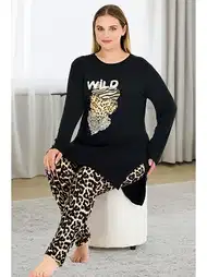 Yanları Yırtmaçlı Leopar Desenli Uzun Kollu Pijama Takımı Lady 11384