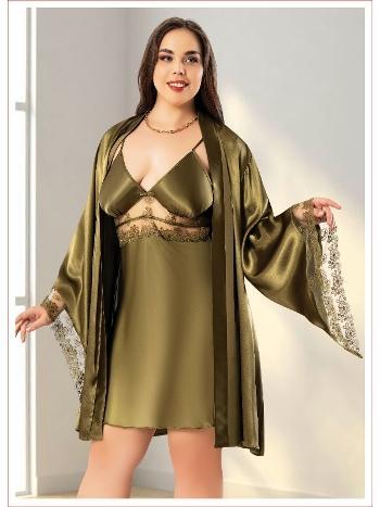 Dantelli Büyük Beden Saten Gecelik Sabahlık Takımı Miss Laris 6011