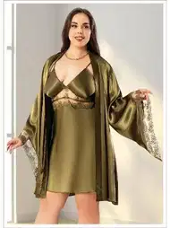 Dantelli Büyük Beden Saten Gecelik Sabahlık Takımı Miss Laris 6011