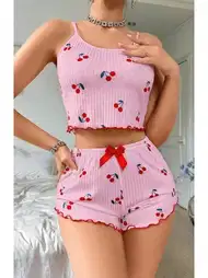 Kiraz Desenli Pamuklu Şortlu Pijama Takımı Ruselin 5044