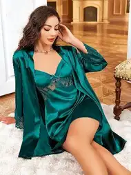 Yeşil Saten Dantelli Gecelik Takım Pink Night 1533