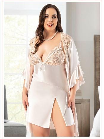 Saten Yırtmaçlı Büyük Beden Dantelli Gecelik Sabahlık Takımı Miss Laris 6004