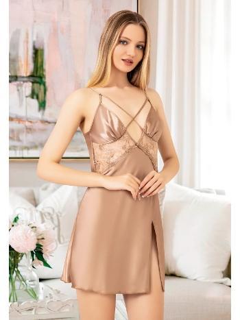 Yırtmaçlı İnce Çapraz Askılı Saten Gecelik Turuncu Miss Laris 2080