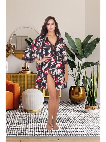 Yırtmaçlı Kısa Gecelik Sabahlık Takımı Somon İzabel 7003 - 2