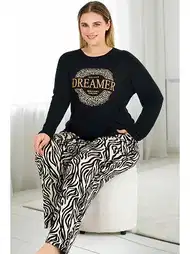 Leopar Desenli Uzun Kollu Büyük Beden Pijama Takımı Lady 11383