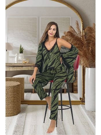 Zebra Desen Yeşil Pijama Sabahlık Takım İzabel 5011