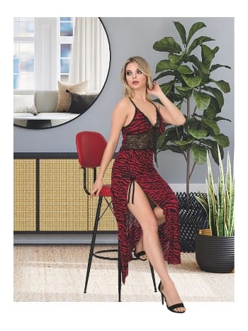 Zebra Desenli Dantelli Uzun Gecelik Pembe İzabel 2022