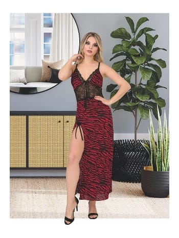 Zebra Desenli Dantelli Uzun Gecelik Pembe İzabel 2022 - 2