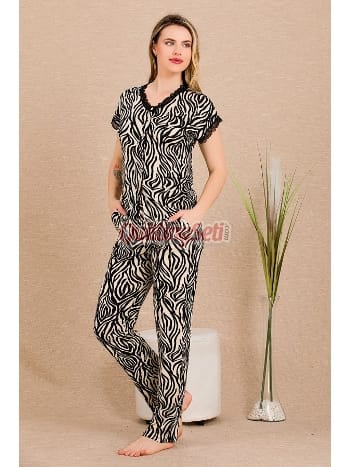 Zebra Desenli Pamuk Viskon Kısa Kol Pijama Takımı Lady 12497