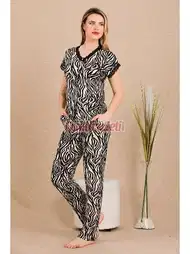 Zebra Desenli Pamuk Viskon Kısa Kol Pijama Takımı Lady 12497