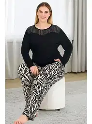 Zebra Desenli Büyük Beden Uzun Kollu Pijama Takımı Lady 11388
