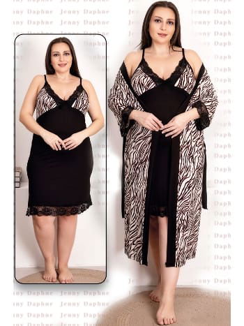 Zebra Desenli Viskon 2li Lüks Gecelik Sabahlık Takımı Lady 19218