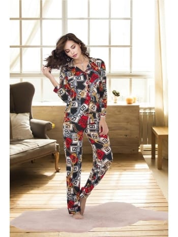 Zincir Desenli Gömlek Yaka Kadın Pijama Takımı İzabel 4004
