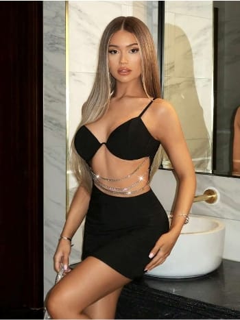 Zincir Detaylı Siyah Midi Seksi Elbise Real Passione 1033