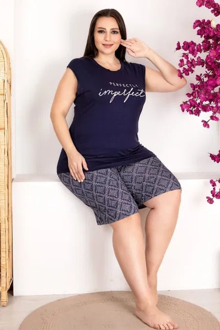 Büyük Beden Ekru Çizgili Sıfır Kollu Şortlu Pijama Takımı Lady 10418 - Lacivert