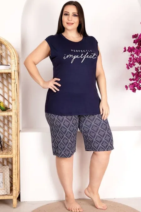 Büyük Beden Ekru Çizgili Sıfır Kollu Şortlu Pijama Takımı Lady 10418 - Lacivert