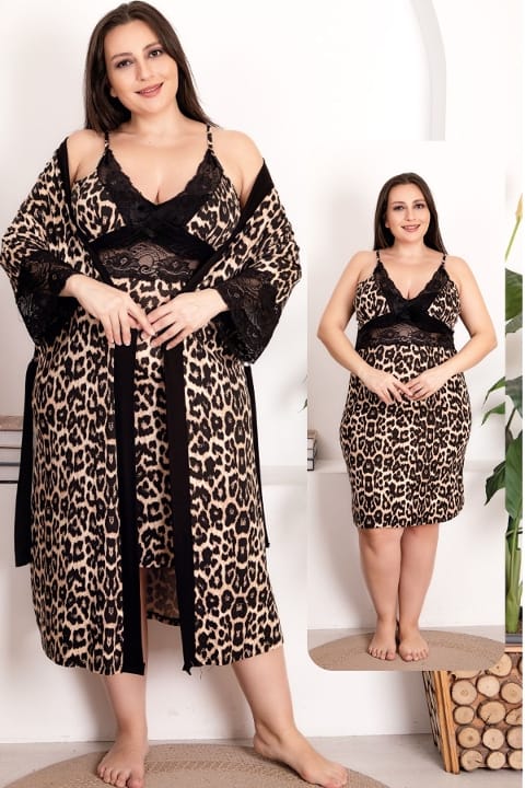 Leopar Desenli Dantelli Büyük Beden Gecelik Sabahlık Takımı Lady 19204