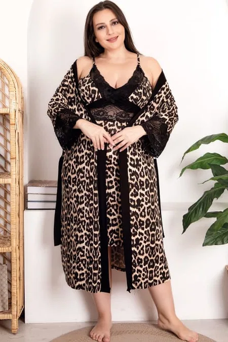 Leopar Desenli Dantelli Büyük Beden Gecelik Sabahlık Takımı Lady 19204 - Siyah