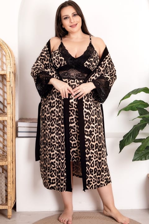 Leopar Desenli Dantelli Büyük Beden Gecelik Sabahlık Takımı Lady 19204 - Siyah
