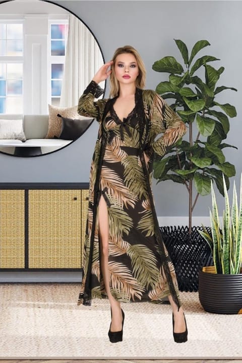 2li Uzun Sabahlık Gecelik Takımı Yeşil İzabel 6001 - 2