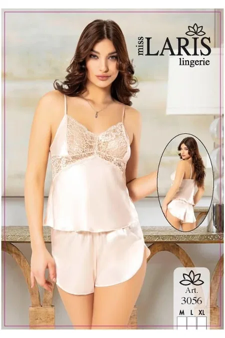 Kalp Desenli İnce Askılı Mini Şort Pijama Takımı Miss Laris 3056 - Pudra