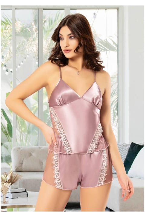 Transparan Parçalı Saten Kadın Şortlu Pijama Takımı Miss Laris 3063 - Pudra