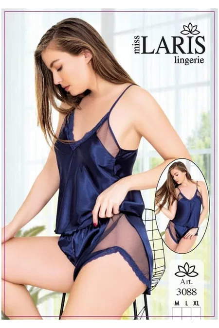 Yanları Transparan Saten Şort Pijama Takımı Miss Laris 3088 - Lacivert
