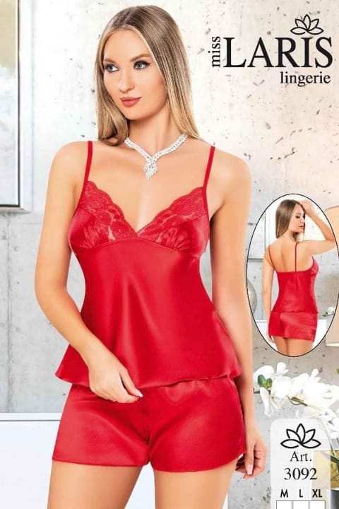 Kırmızı İnce Askılı Saten Şort Pijama Takımı Miss Laris 3092