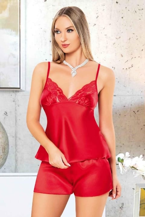 Kırmızı İnce Askılı Saten Şort Pijama Takımı Miss Laris 3092 - 2