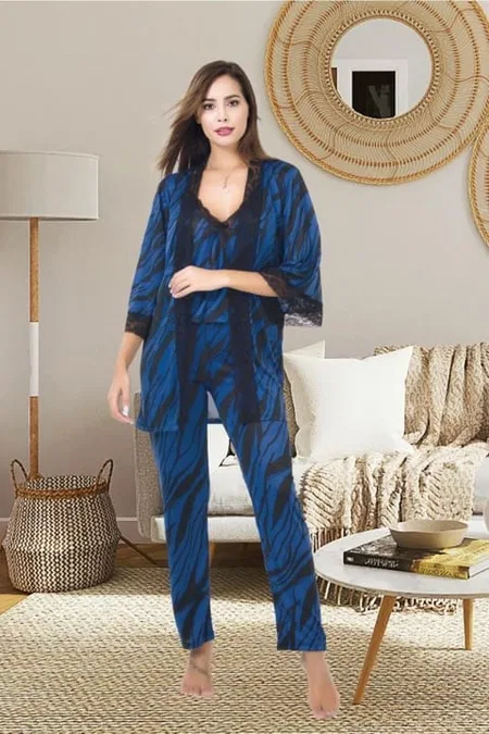 Dantelli Yarım Kollu Sabahlık Pijama Takımı İzabel 5002 - Lacivert
