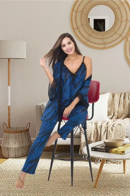 Dantelli Yarım Kollu Sabahlık Pijama Takımı İzabel 5002 - Lacivert