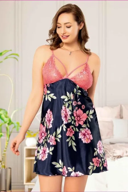 Dantelli İnce Askılı Saten Büyük Beden Gecelik Miss Laris 4012 - Lacivert