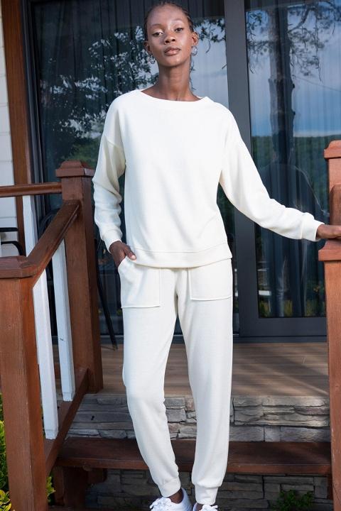 Geniş Cepli Ekru Uzun Kollu Kadın Pijama Takımı Vienetta 405057 - Ekru