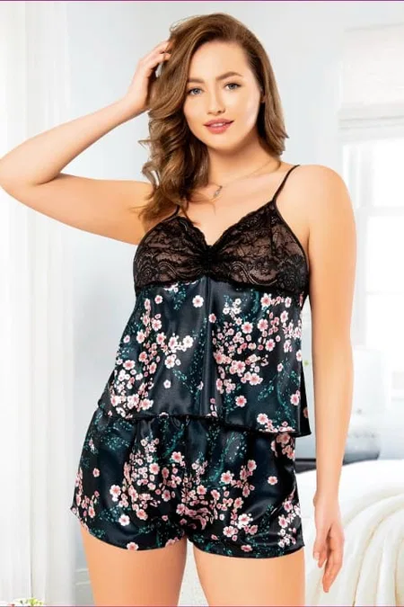Çiçekli İnce Askılı Büyük Beden Kadın Şort Pijama Takımı Miss Laris 4212 - Siyah