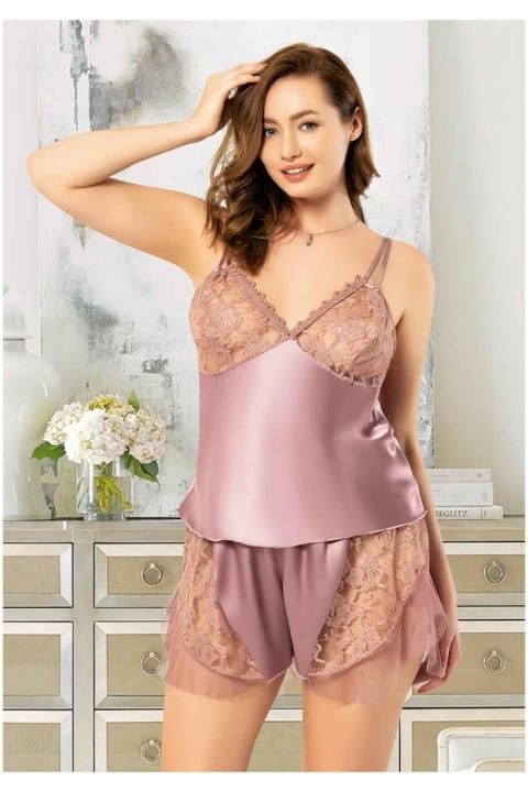 Fırfırlı Saten Büyük Beden Şort Pijama Takımı Miss Laris 4219