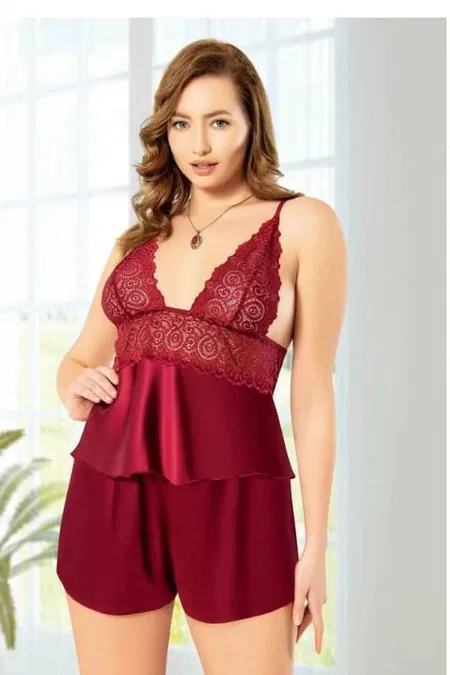 Bordo Dantelli Şort Pijama Takımı Miss Laris 4221 - Bordo