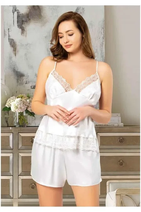 Dantelli Büyük Beden Şort Pijama Takımı Miss Laris 4223 - Beyaz