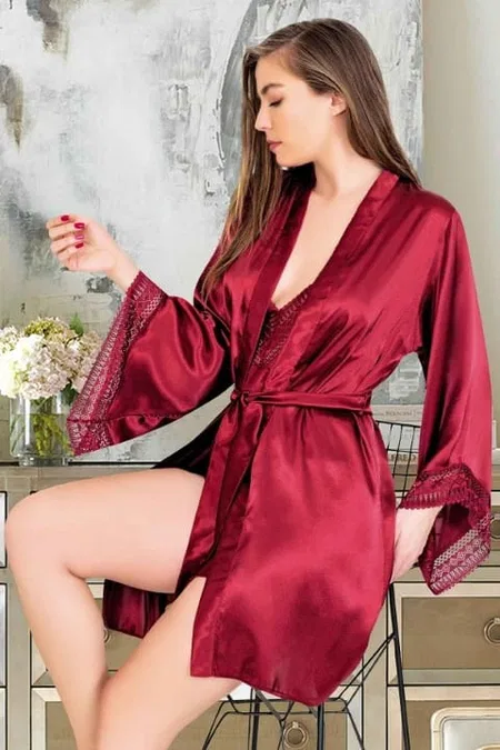 Kuşaklı Saten Kadın Sabahlık Gecelik Takımı Pembe Miss Laris 5042 - Bordo