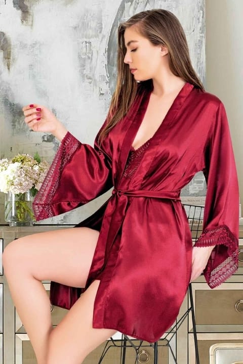 Kuşaklı Saten Kadın Sabahlık Gecelik Takımı Pembe Miss Laris 5042