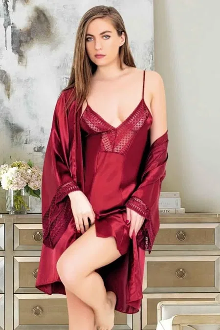 Kuşaklı Saten Kadın Sabahlık Gecelik Takımı Pembe Miss Laris 5042 - Bordo